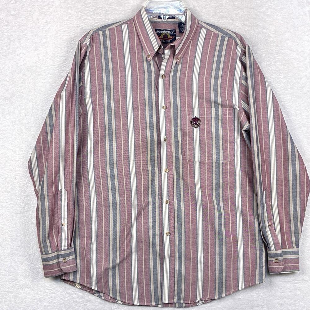 VTG Manhattan Sport Club Shirt Mens M Red White Striped Oxford Embroidered OCBD